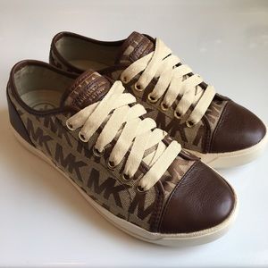 Michael Kors Leather MK Logo Brown Cream Sneakers!